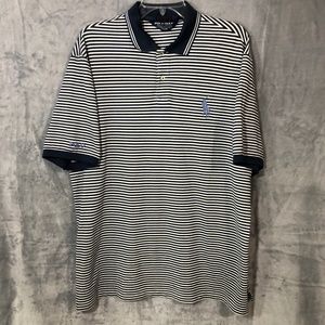 Men Polo Golf Shirt, Performance Pro Fit Size XL.White with blue stripes